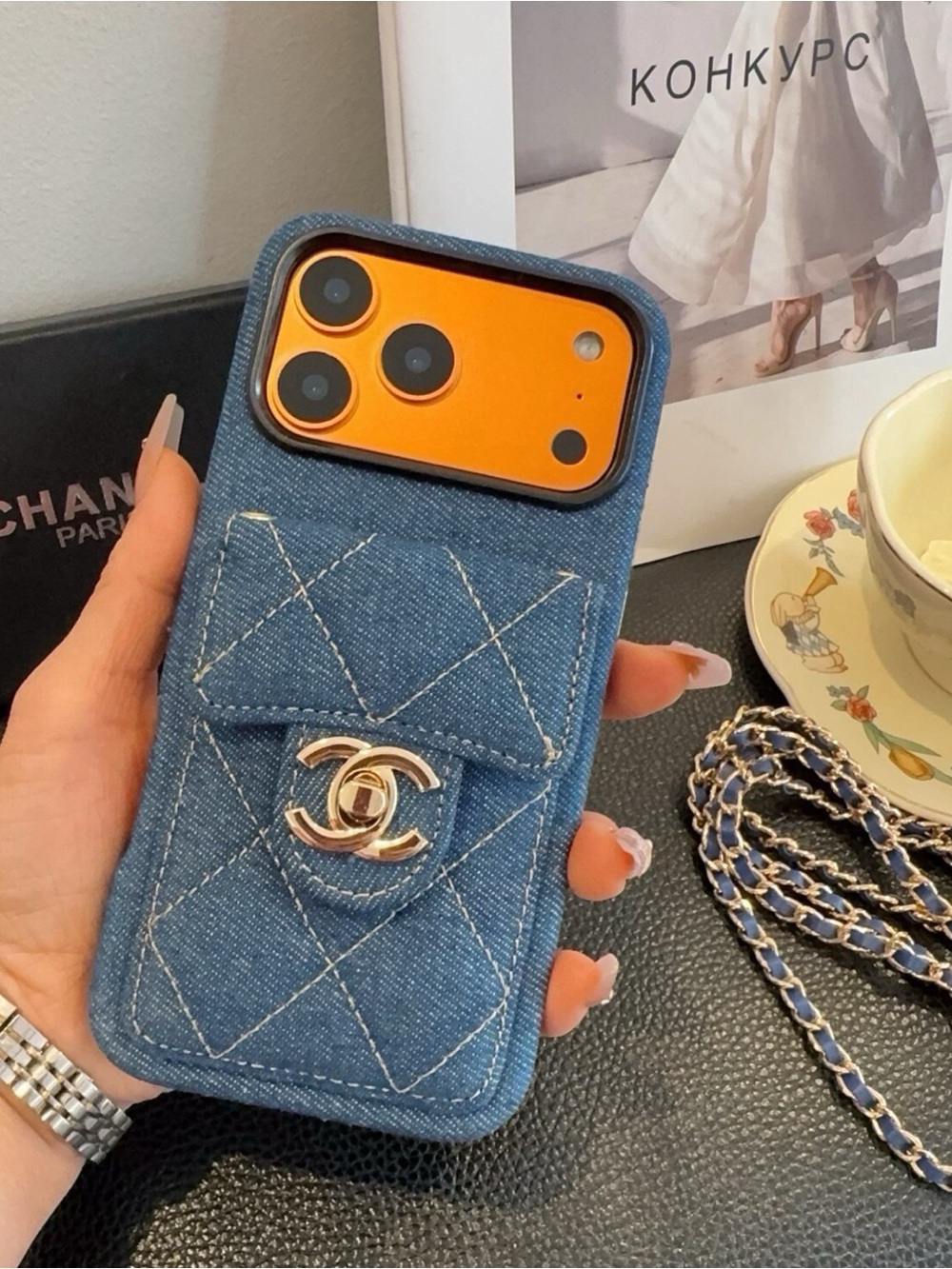 CHANEL Denim Quilted Phone Case with Gold CC Logo - Blue